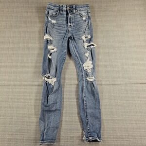 American Eagle Jeans Womens 2 Short Blue Super Hi-Rise Jegging Distressed Ripped